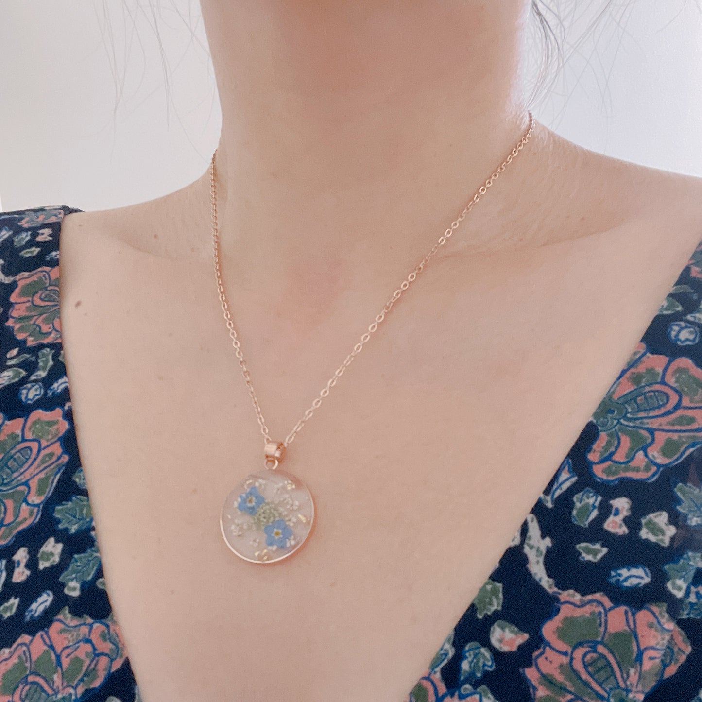 Handmade Forget-Me-Not Dried Flower Pendant Stainless Steel Necklace