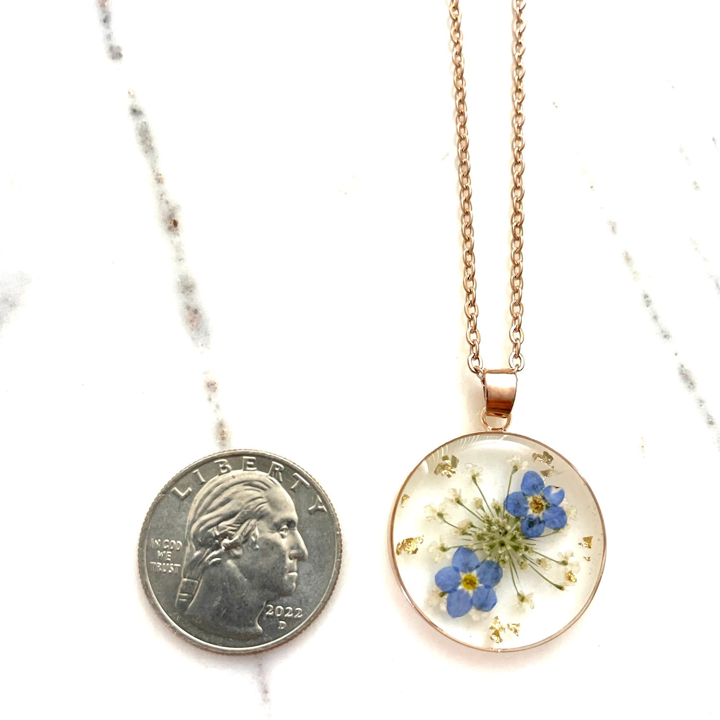 Handmade Forget-Me-Not Dried Flower Pendant Stainless Steel Necklace