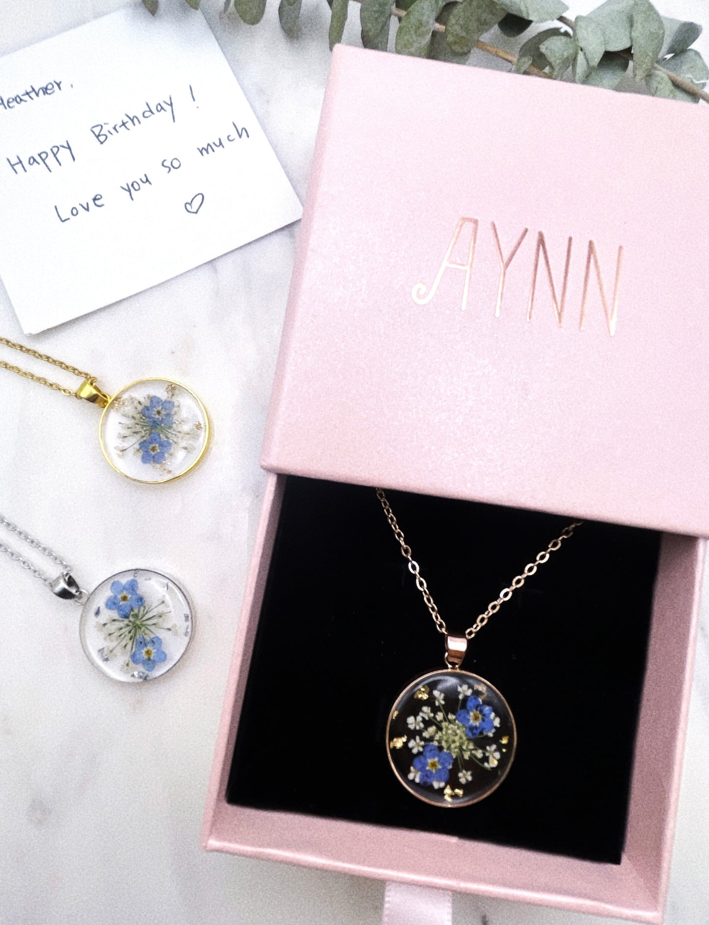 Handmade Forget-Me-Not Dried Flower Pendant Stainless Steel Necklace