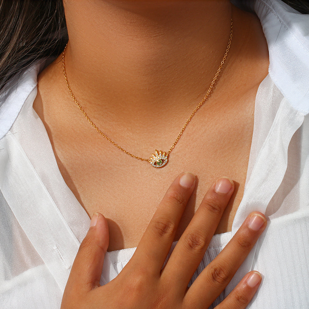 18k Gold Plated 316L Stainless Steel Dainty Zircon Evil Eye Pendant Necklace