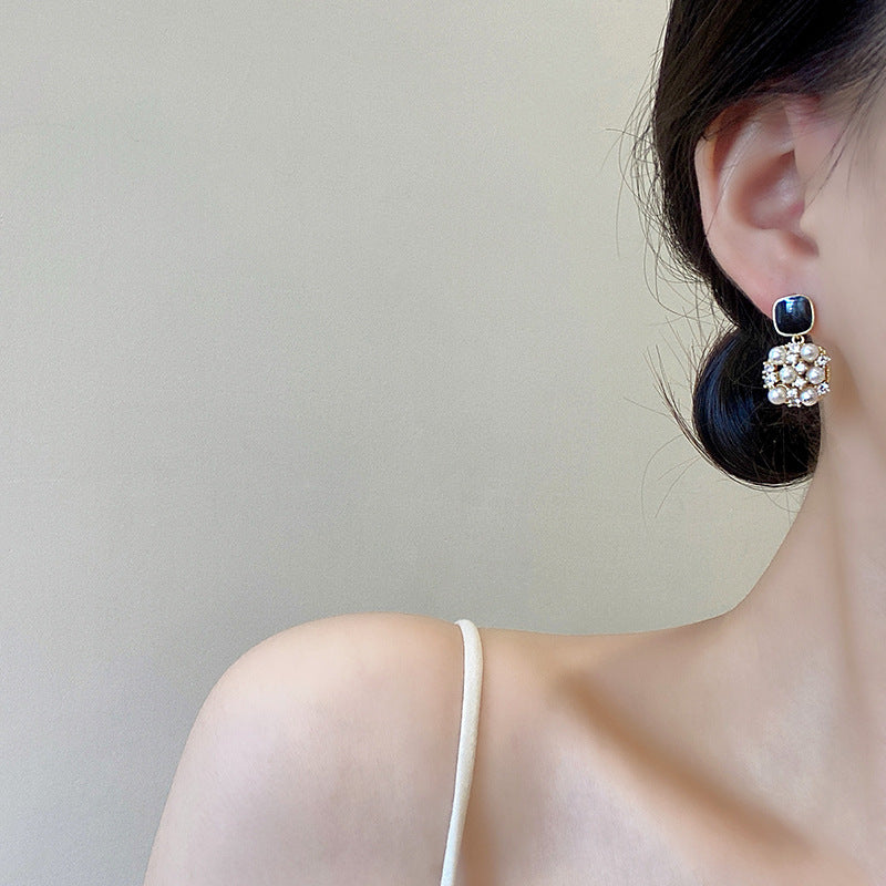 18k Gold Plated Black Square Zircon Pearl Drop Dangle Earring