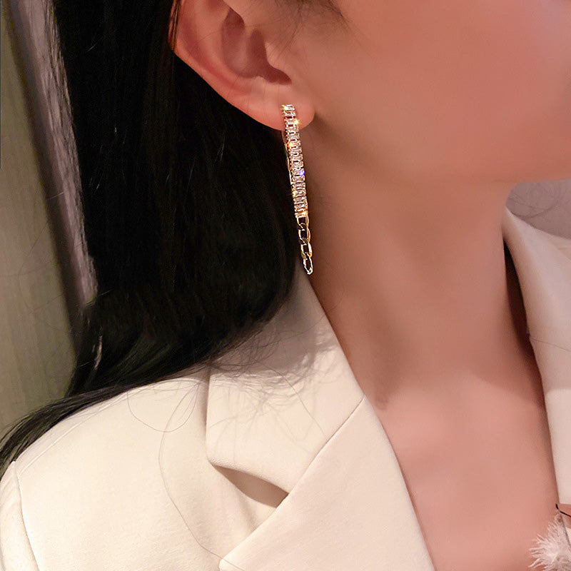 925 Sterling Silver Post 18k Gold Plated Zircon Chain Drop 2 in 1 Earrings
