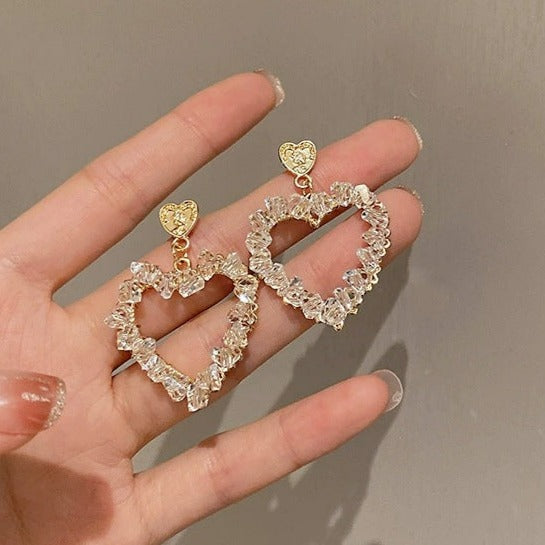 925 Sterling Silver Post 18k Gold Plated Zircon Heart Dangle Earrings