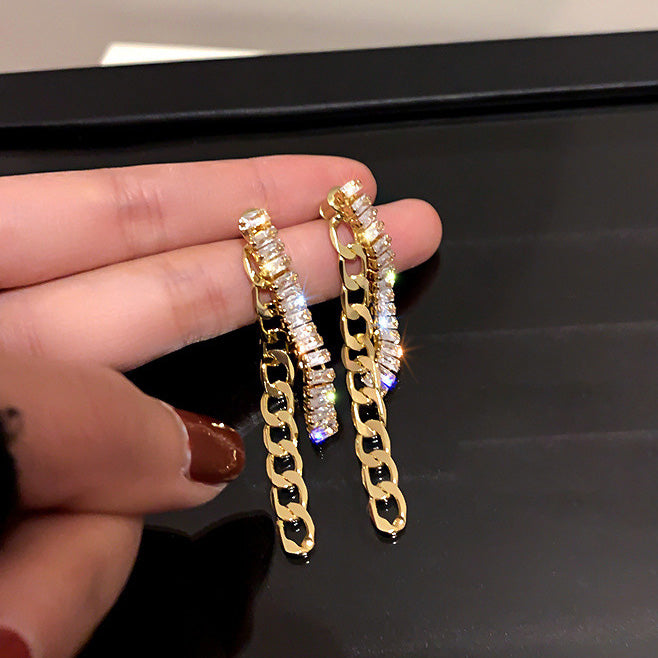 925 Sterling Silver Post 18k Gold Plated Zircon Chain Drop 2 in 1 Earrings