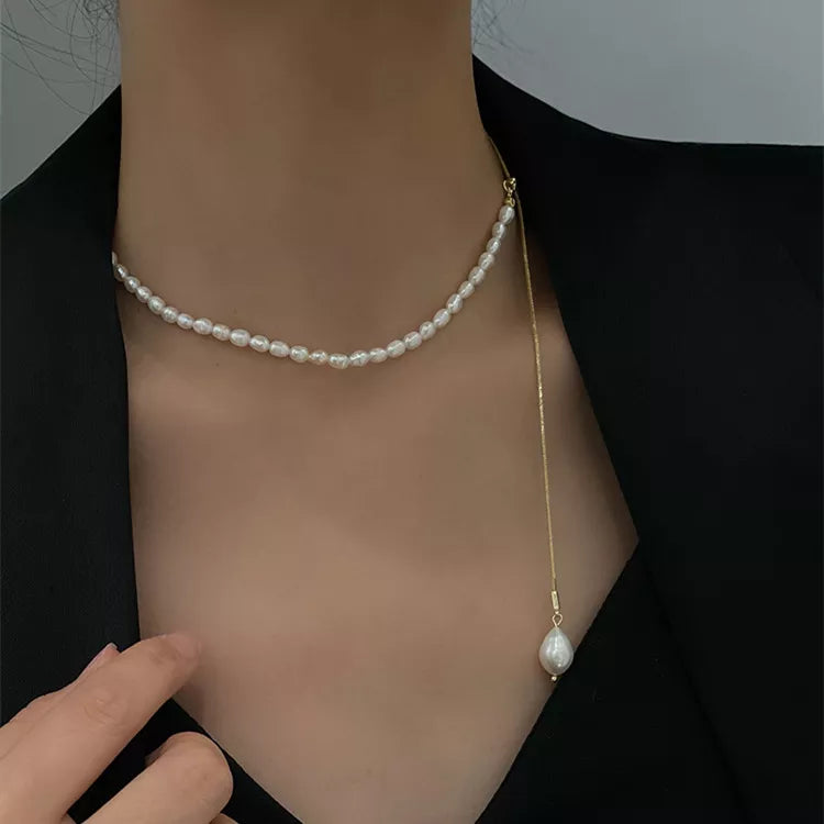 18K Gold Plated Snake Bone Chain Natural Fresh Water Pearl Adjustable Necklace