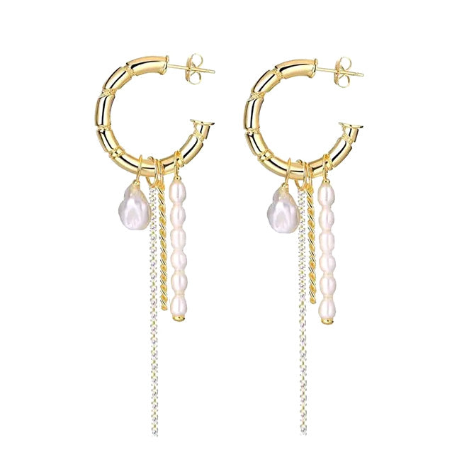 925 Sterling Silver Post Baroque Pearls Rhinestone Tassel Earrings