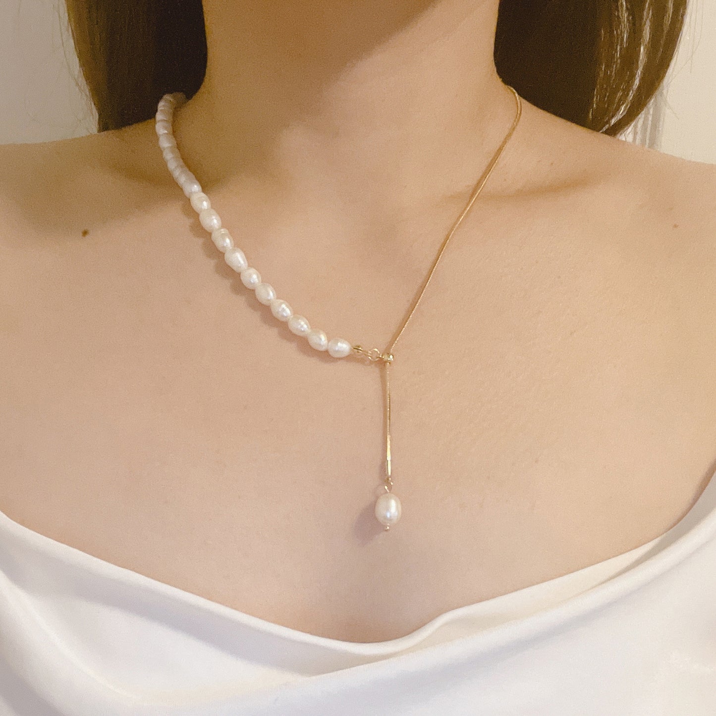 18K Gold Plated Snake Bone Chain Natural Fresh Water Pearl Adjustable Necklace