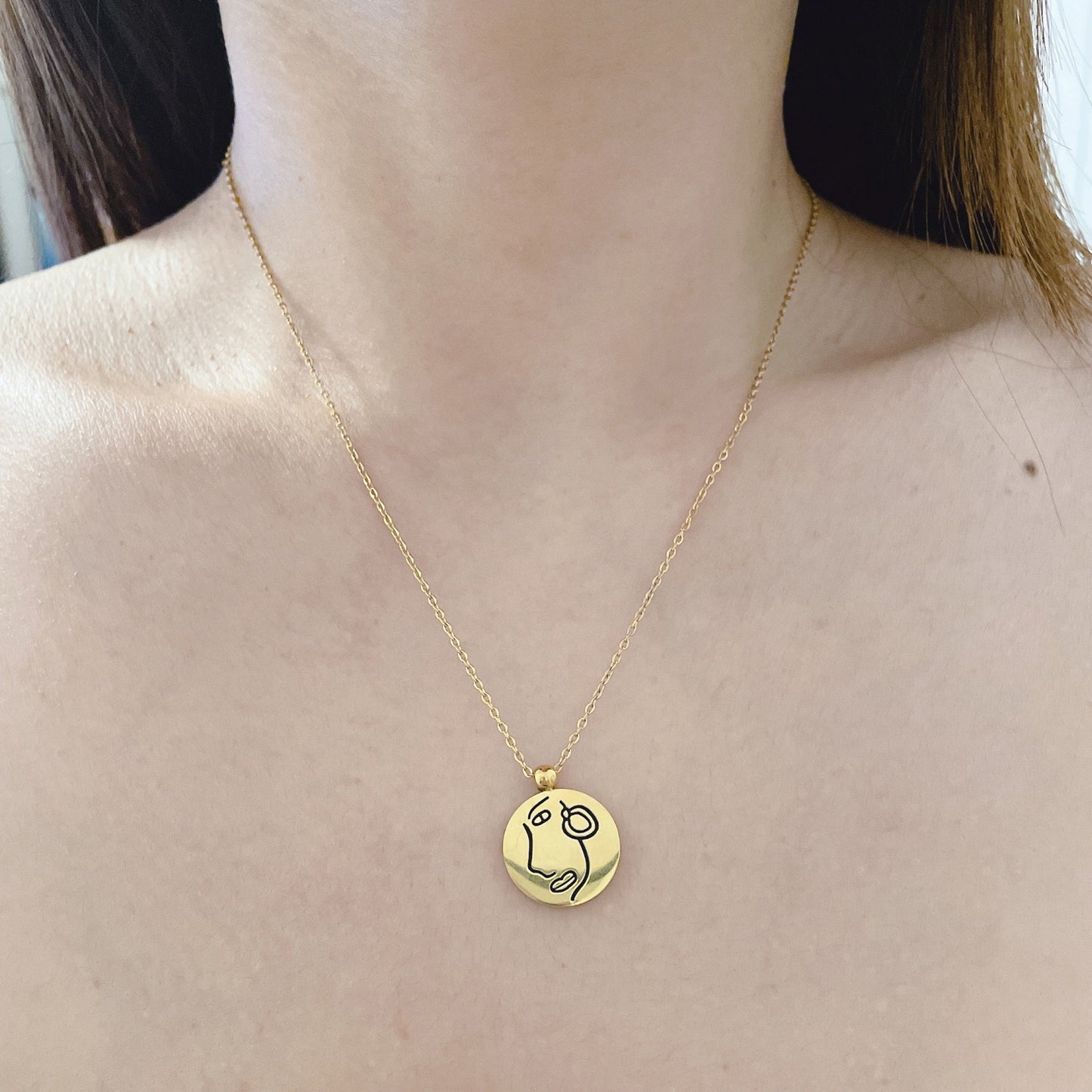 18K Gold Plated Stainless Steel Art Abstract Face Pendant Necklace