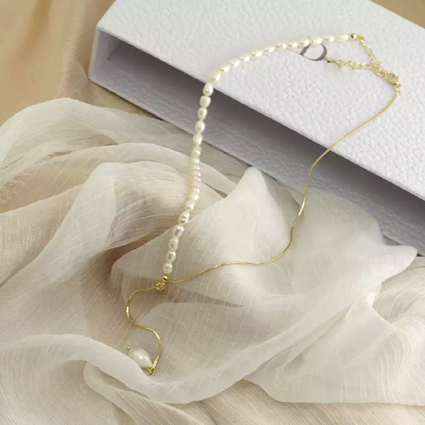 18K Gold Plated Snake Bone Chain Natural Fresh Water Pearl Adjustable Necklace