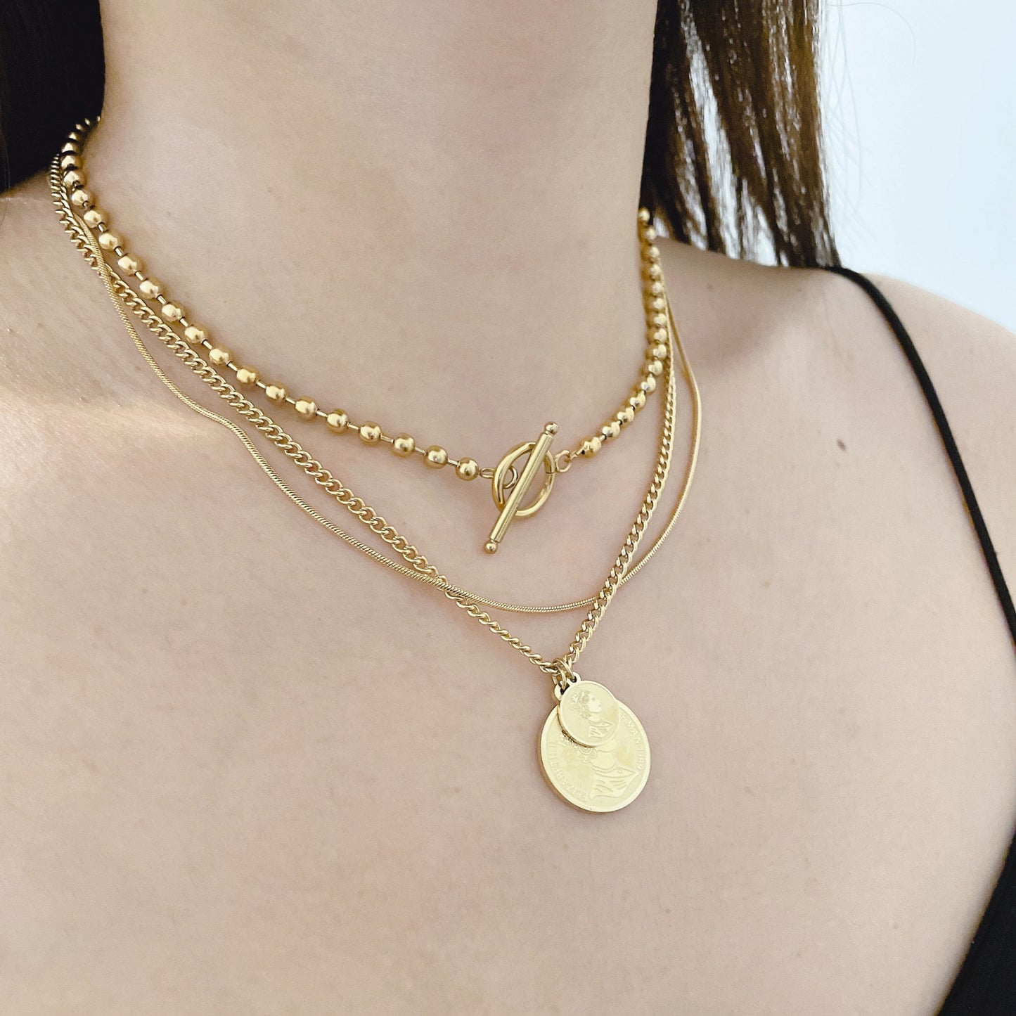 18K Gold Plated Stainless Steel Coin Pendant 2 in 1 Necklace