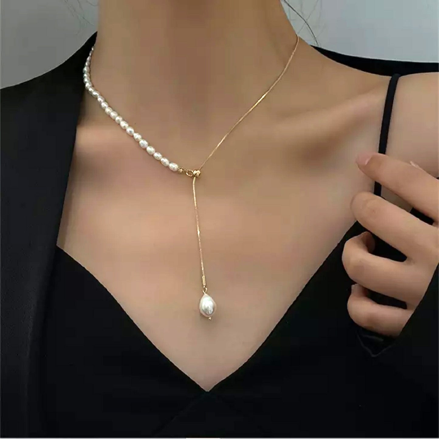 18K Gold Plated Snake Bone Chain Natural Fresh Water Pearl Adjustable Necklace