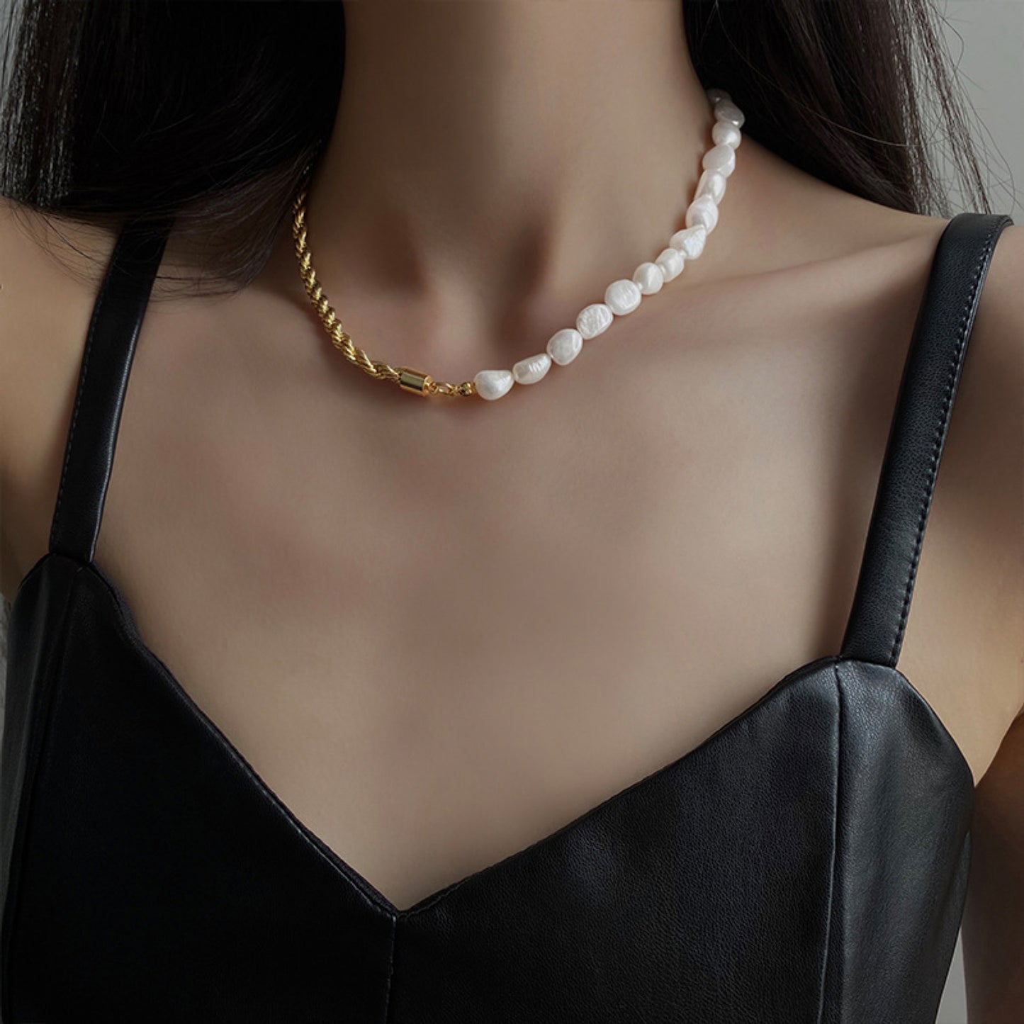 14K Gold Plated Twisted Chain Fresh Water Pearl Strand 2-Way Necklace