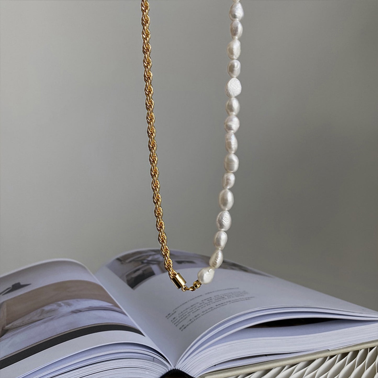 14K Gold Plated Twisted Chain Fresh Water Pearl Strand 2-Way Necklace