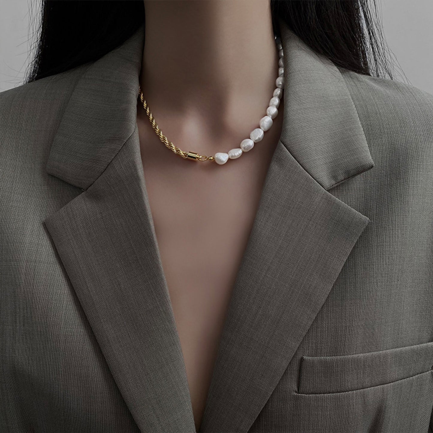 14K Gold Plated Twisted Chain Fresh Water Pearl Strand 2-Way Necklace
