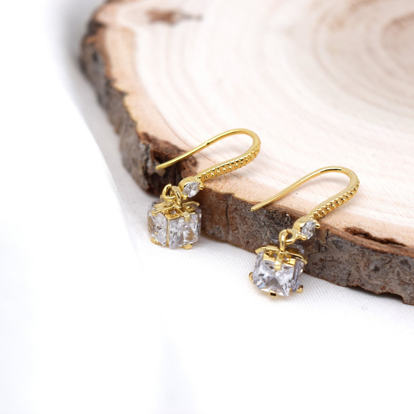 18k Gold Plated Cubic Zirconia Square Drop Dangle Earrings