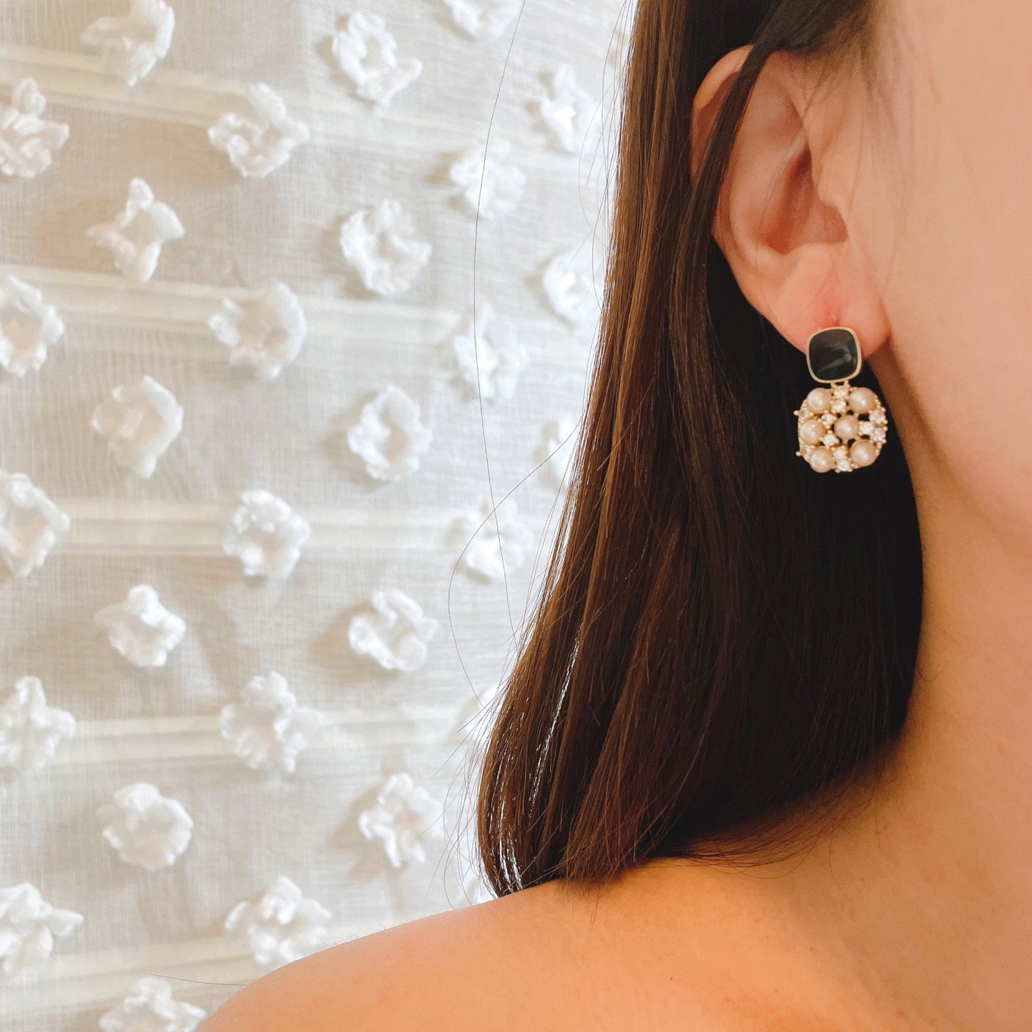 18k Gold Plated Black Square Zircon Pearl Drop Dangle Earring