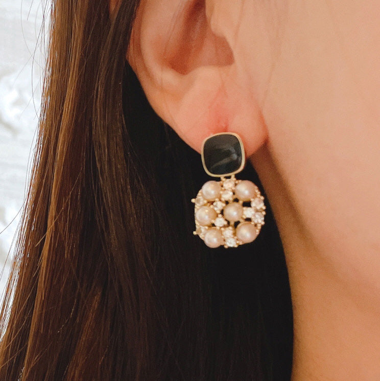 18k Gold Plated Black Square Zircon Pearl Drop Dangle Earring