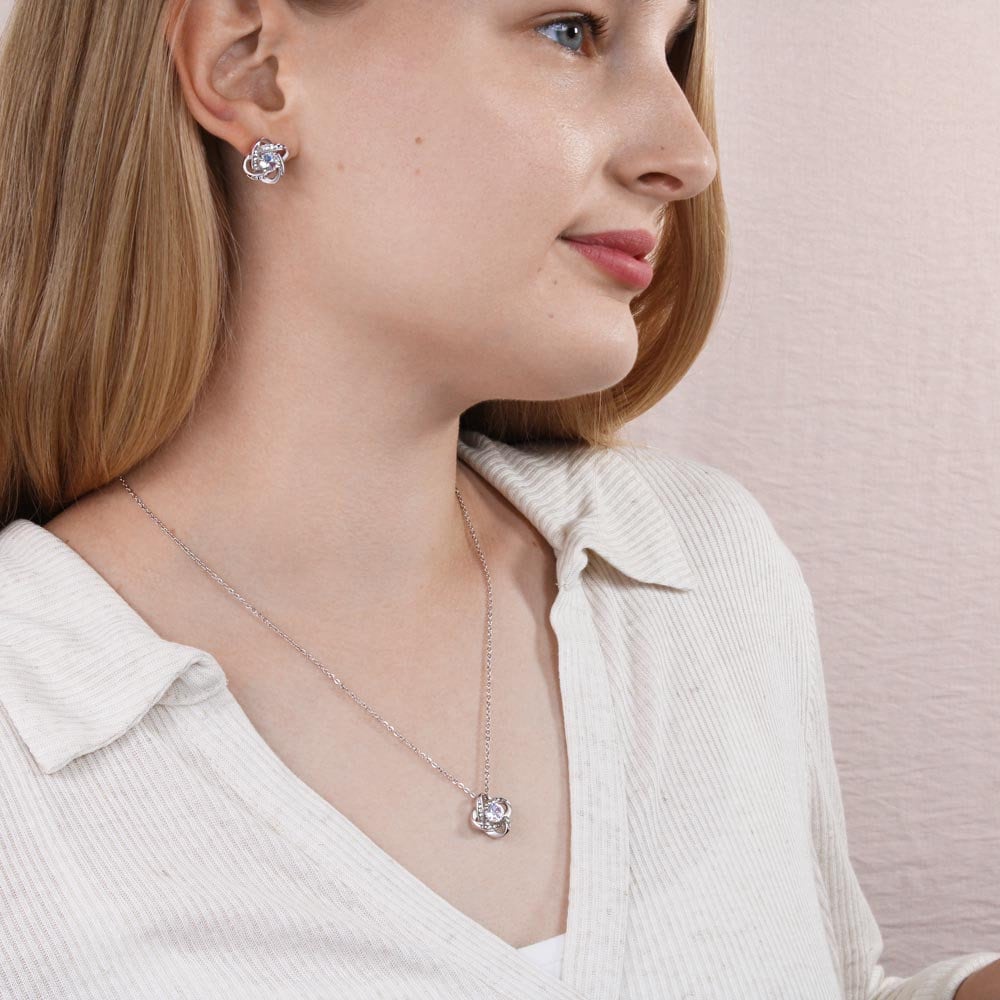14k White Gold Love Knot Necklace Earrings SET for Mom Mother's Day Gift
