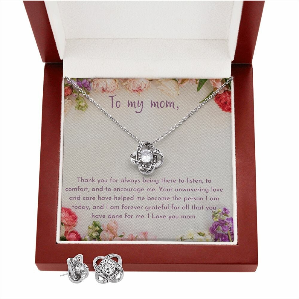 14k White Gold Love Knot Necklace Earrings SET for Mom Mother's Day Gift