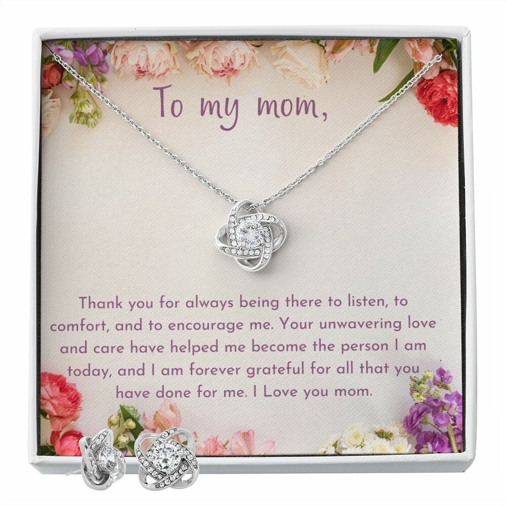 14k White Gold Love Knot Necklace Earrings SET for Mom Mother's Day Gift