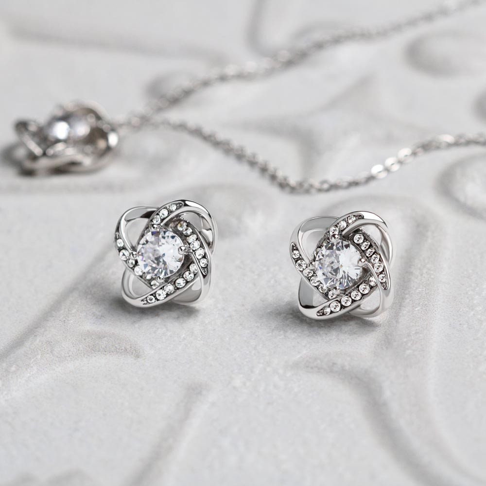 14k White Gold Love Knot Necklace Earrings SET for Mom Mother's Day Gift