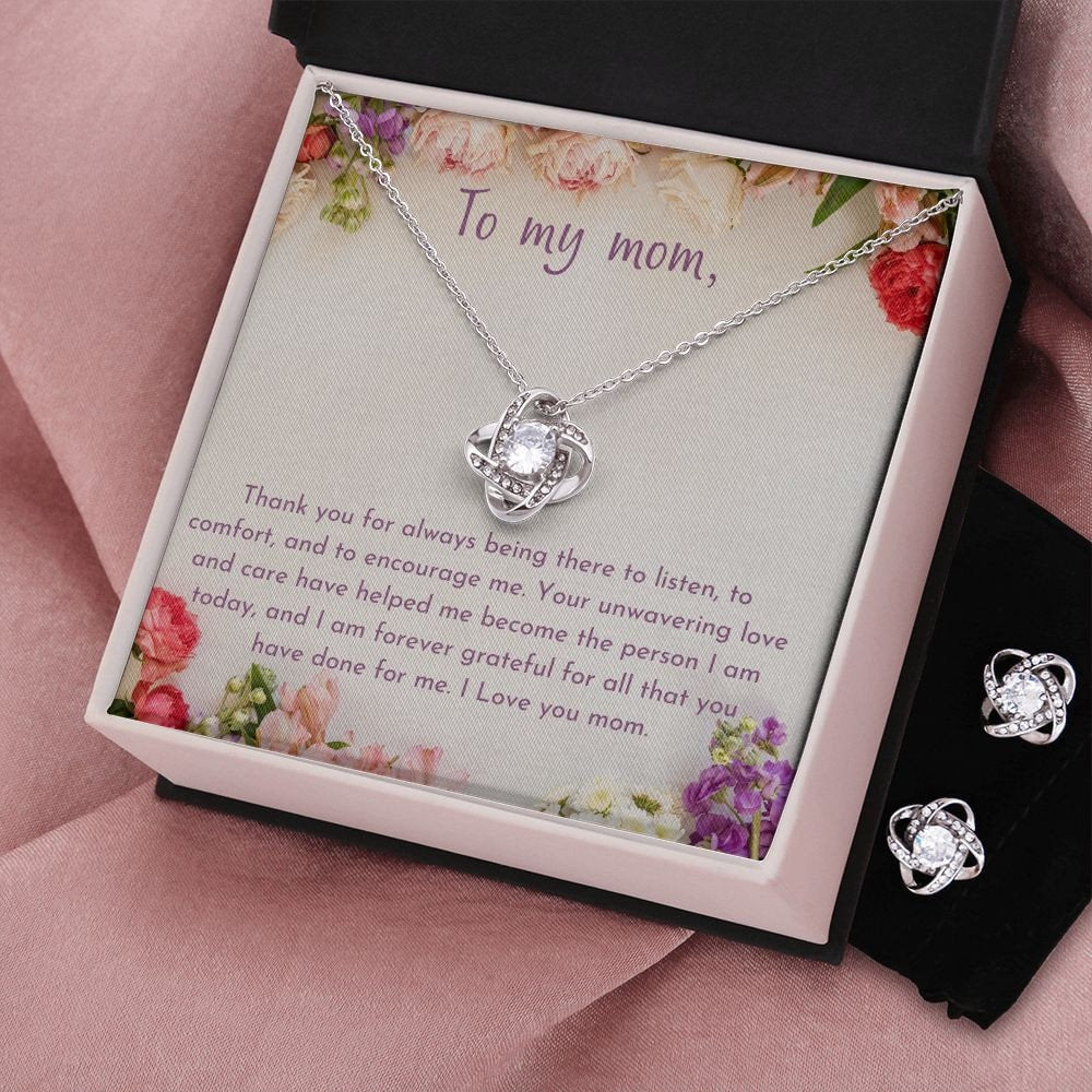 14k White Gold Love Knot Necklace Earrings SET for Mom Mother's Day Gift