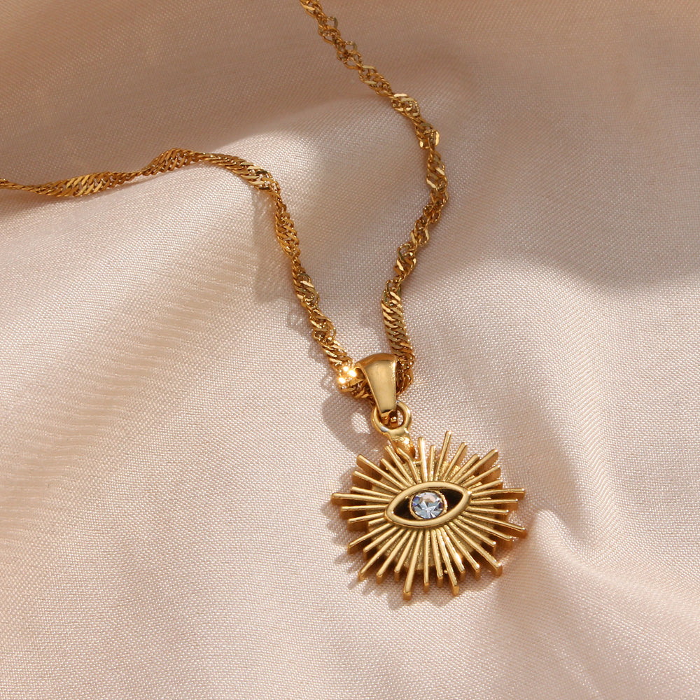 18k Gold Plated 316L Stainless Steel Zircon Evil Eye Pendant Necklace