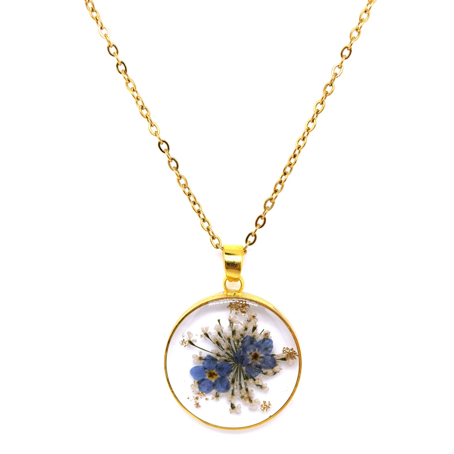 Handmade Forget-Me-Not Dried Flower Pendant Stainless Steel Necklace