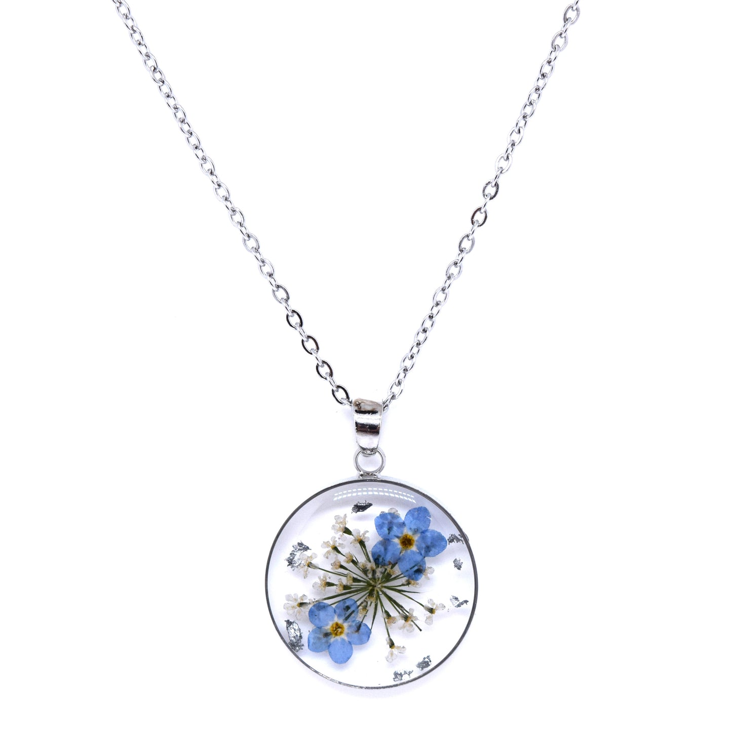 Handmade Forget-Me-Not Dried Flower Pendant Stainless Steel Necklace