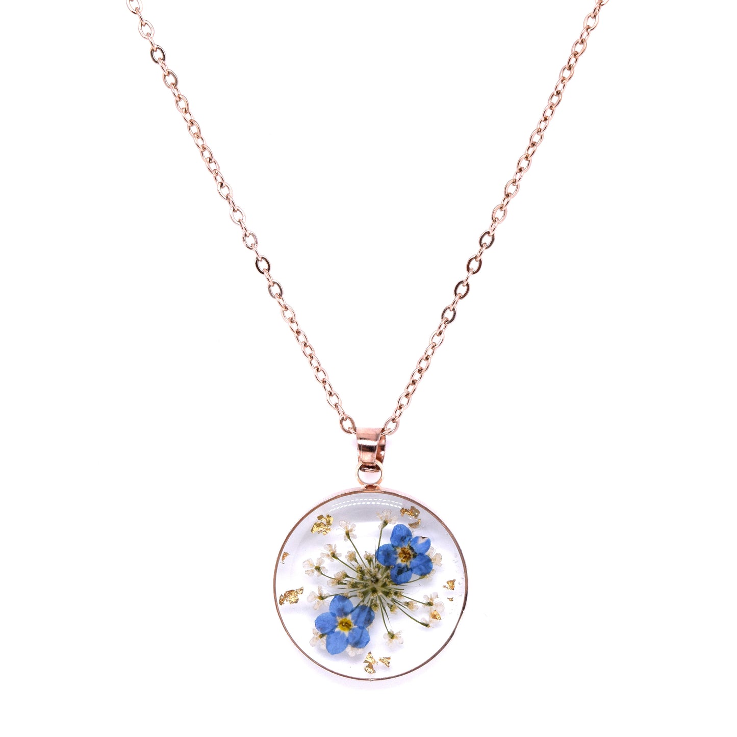 Handmade Forget-Me-Not Dried Flower Pendant Stainless Steel Necklace