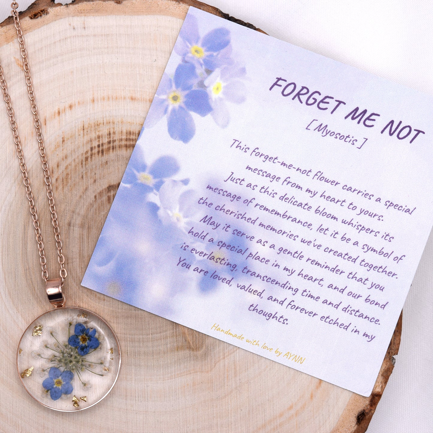 Handmade Forget-Me-Not Dried Flower Pendant Stainless Steel Necklace