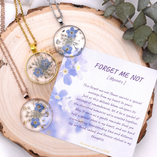 Handmade Forget-Me-Not Dried Flower Pendant Stainless Steel Necklace