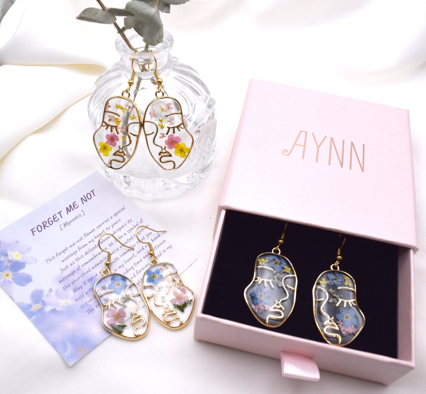 Handmade Forget-Me-Not Myosotis Dried Flower Dangle Earrings