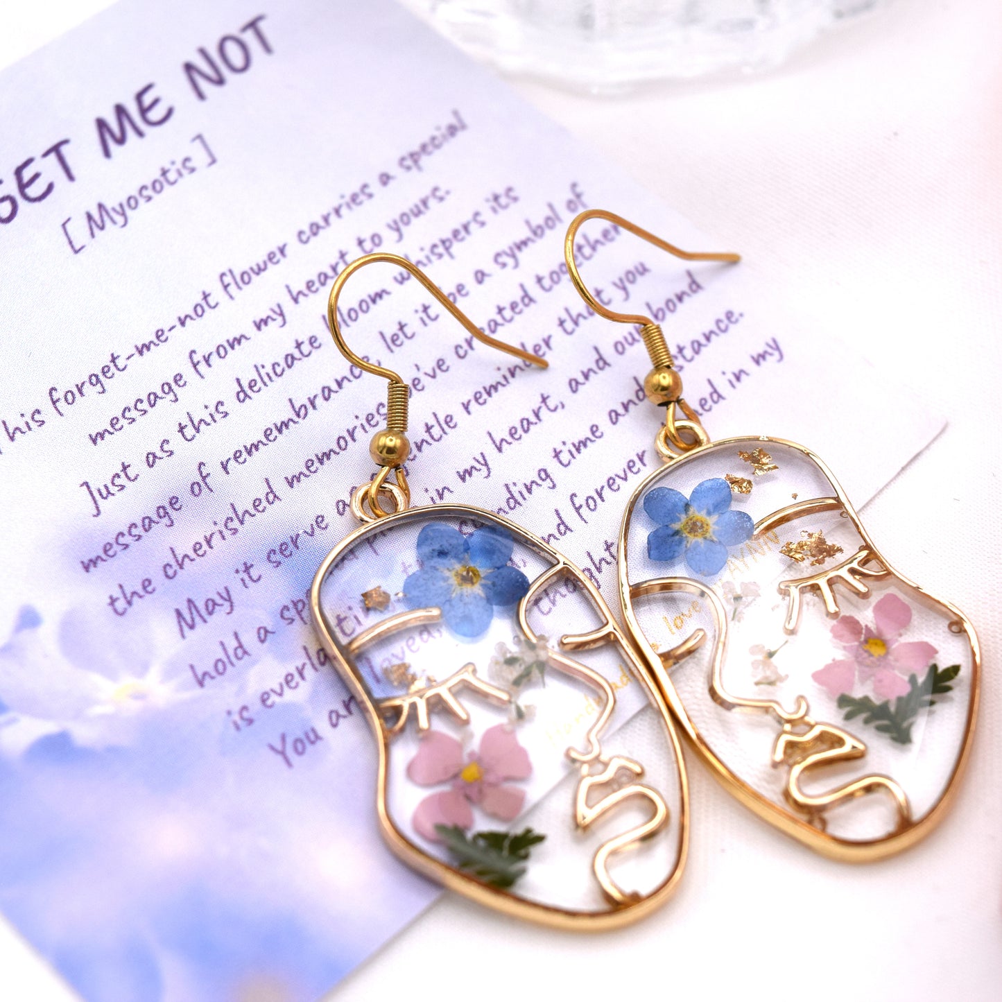 Handmade Forget-Me-Not Myosotis Dried Flower Dangle Earrings