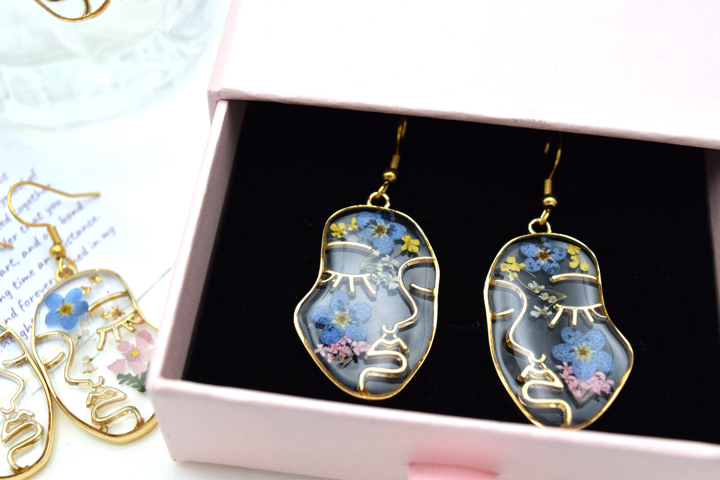 Handmade Forget-Me-Not Myosotis Dried Flower Dangle Earrings