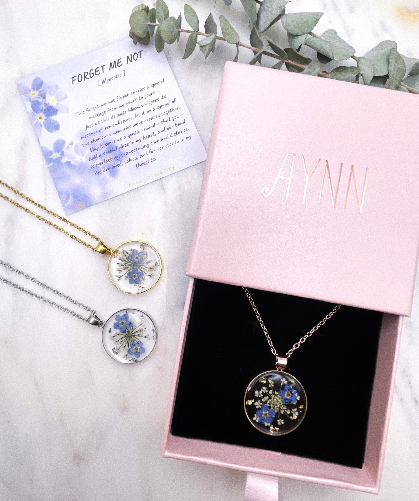 Handmade Forget-Me-Not Dried Flower Pendant Stainless Steel Necklace