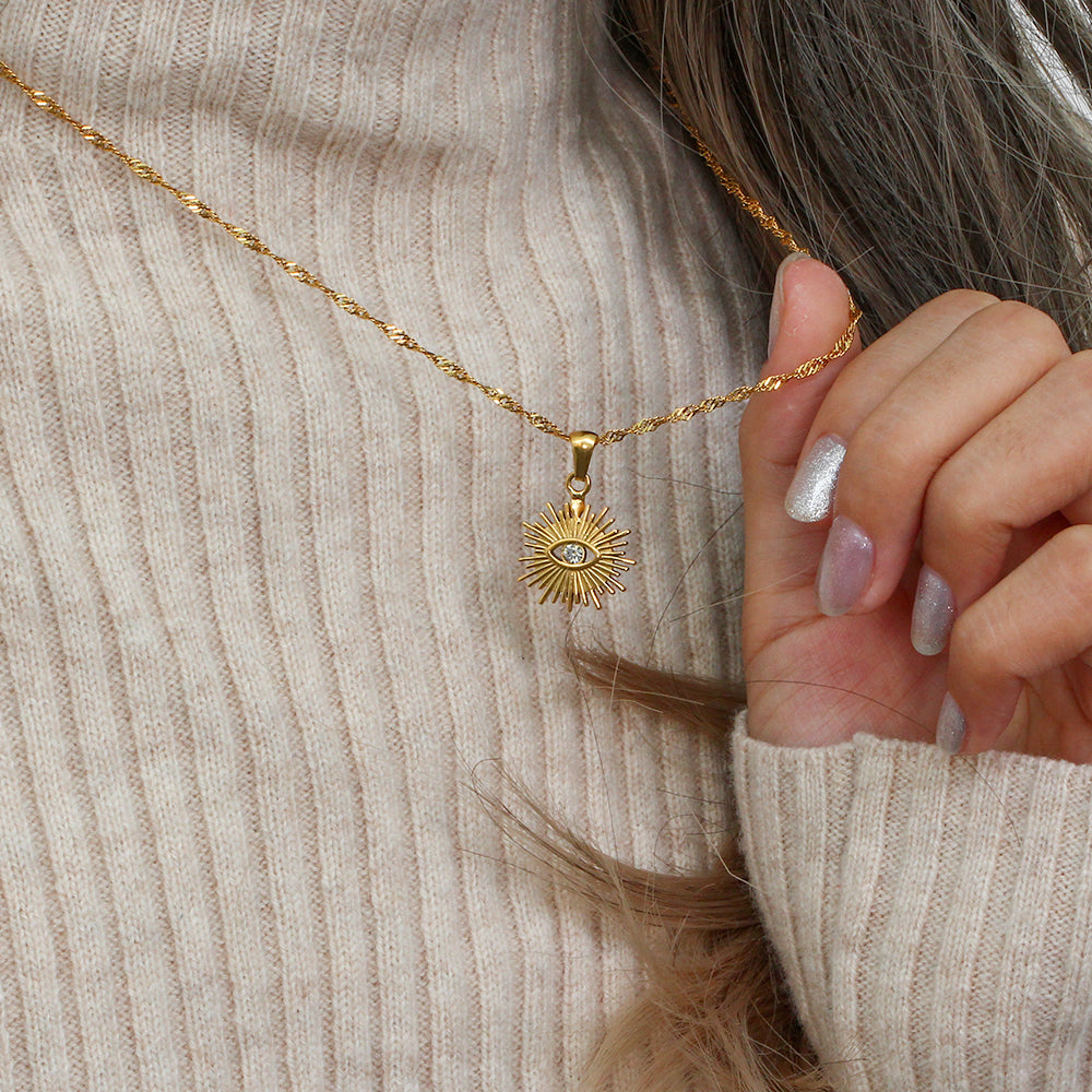 18k Gold Plated 316L Stainless Steel Zircon Evil Eye Pendant Necklace