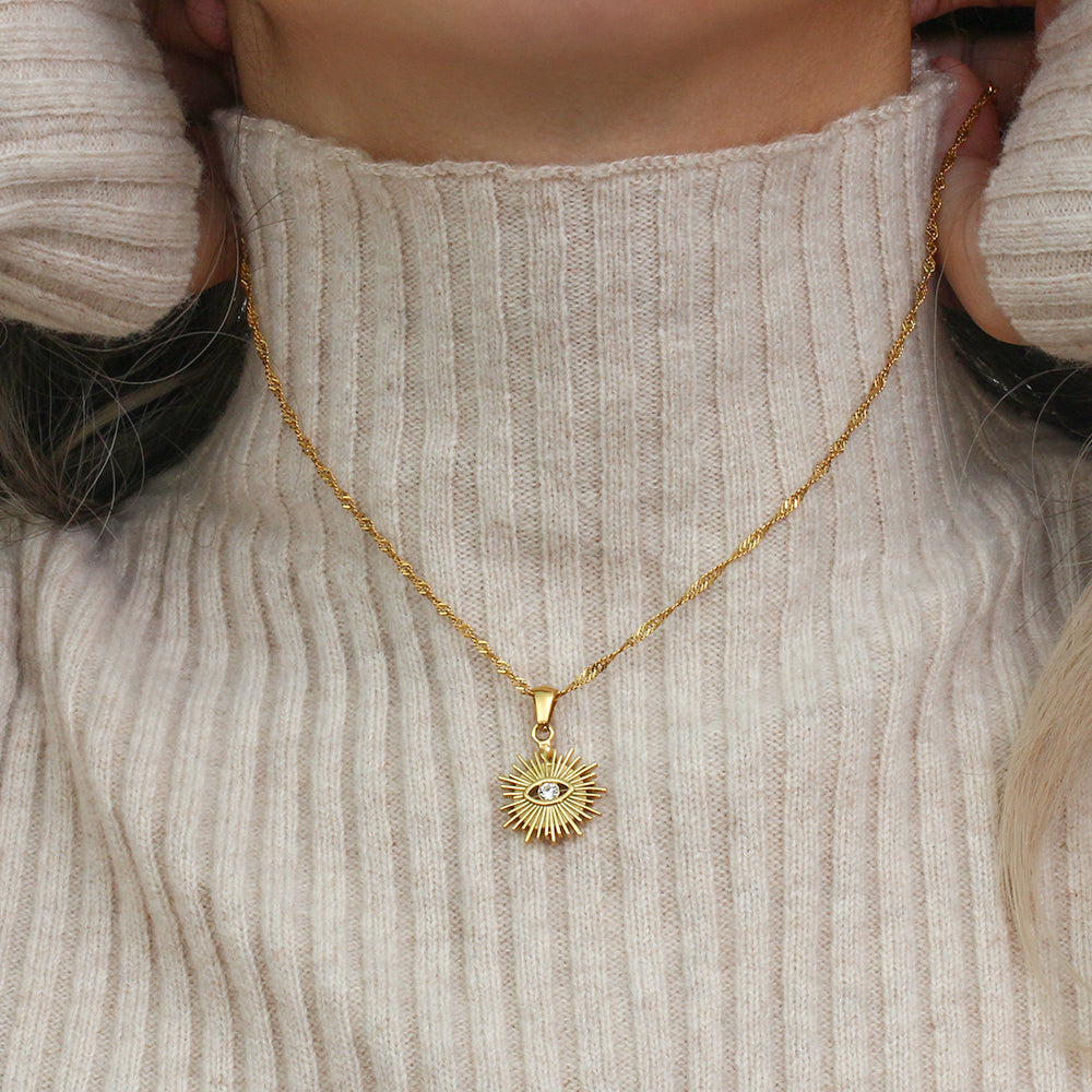 18k Gold Plated 316L Stainless Steel Zircon Evil Eye Pendant Necklace