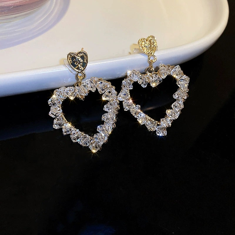 925 Sterling Silver Post 18k Gold Plated Zircon Heart Dangle Earrings