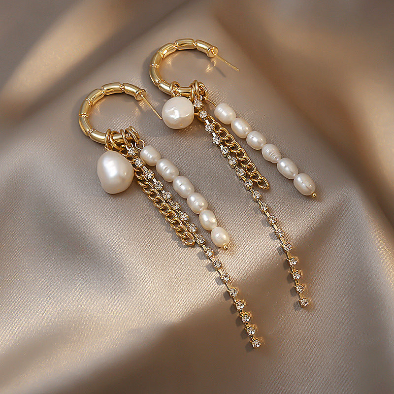 925 Sterling Silver Post Baroque Pearls Rhinestone Tassel Earrings