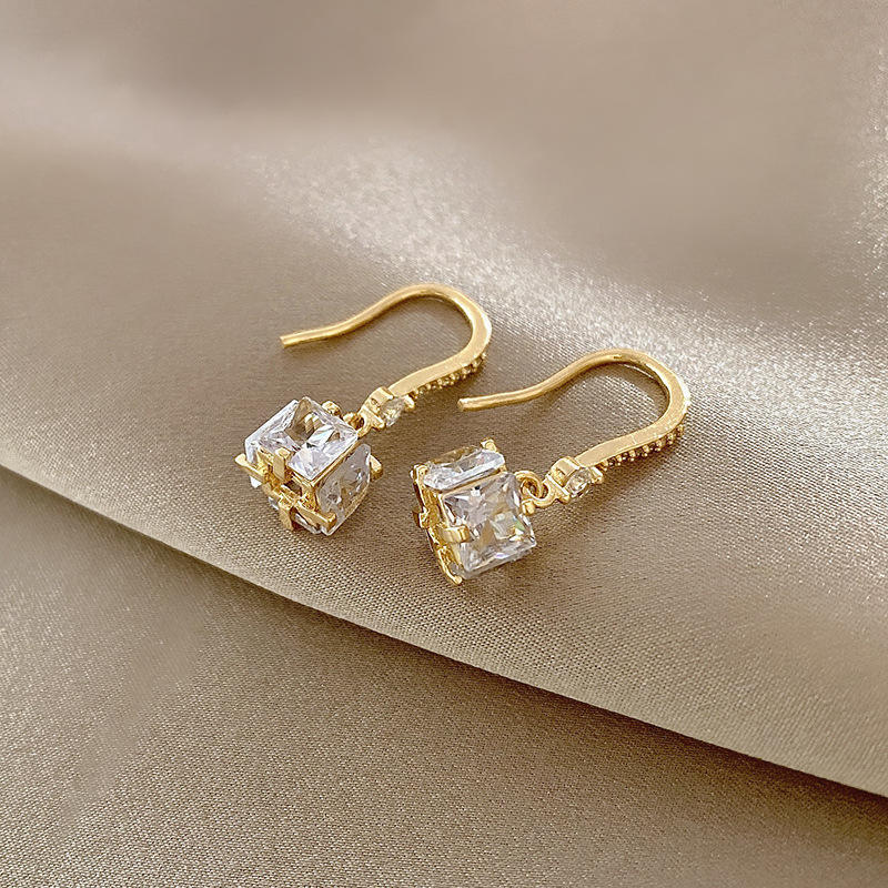 18k Gold Plated Cubic Zirconia Square Drop Dangle Earrings