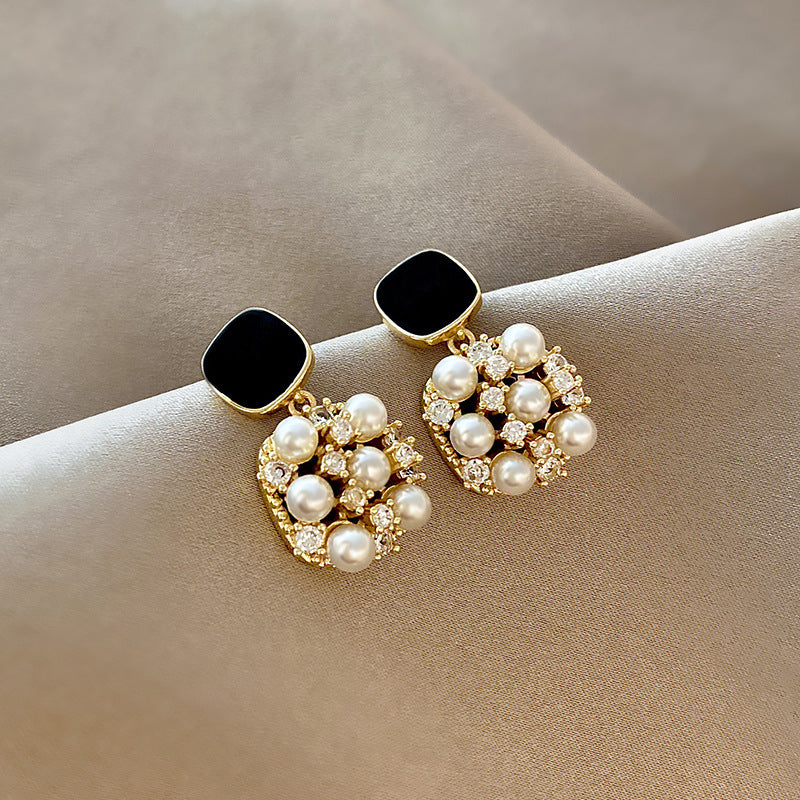 18k Gold Plated Black Square Zircon Pearl Drop Dangle Earring