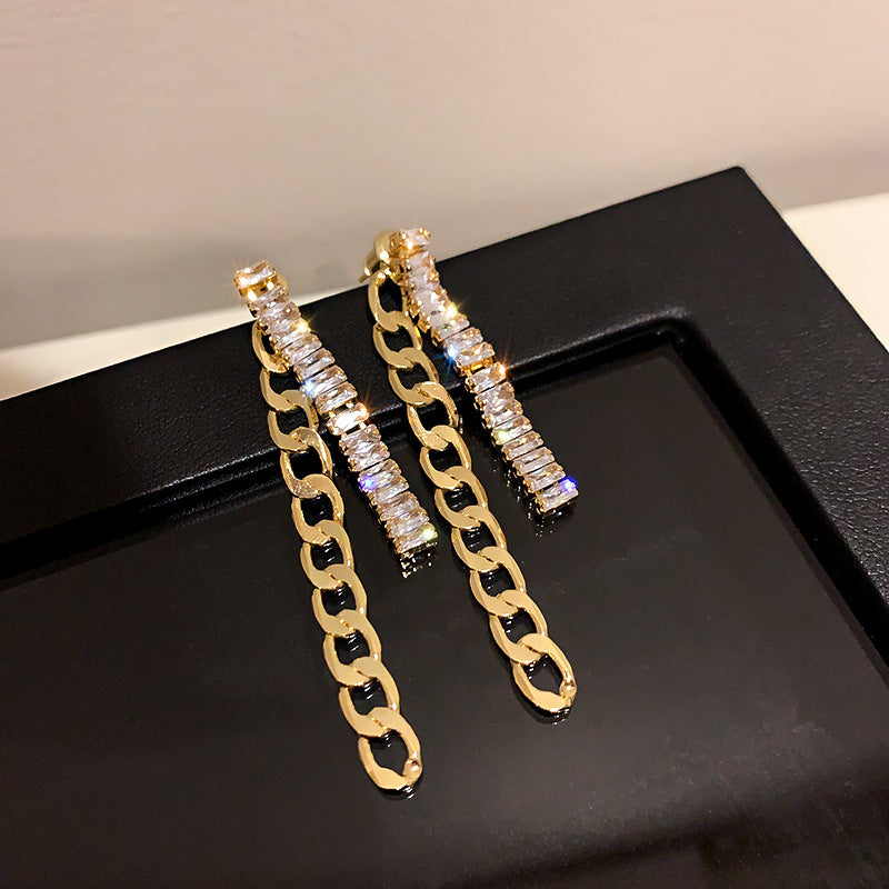 925 Sterling Silver Post 18k Gold Plated Zircon Chain Drop 2 in 1 Earrings