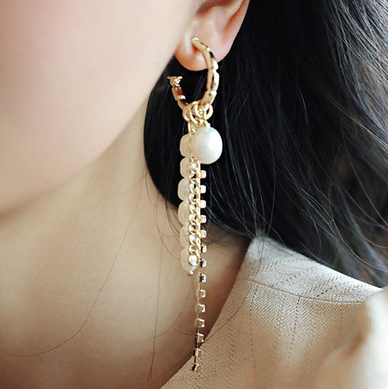 925 Sterling Silver Post Baroque Pearls Rhinestone Tassel Earrings