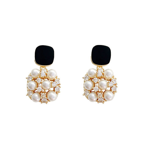 18k Gold Plated Black Square Zircon Pearl Drop Dangle Earring