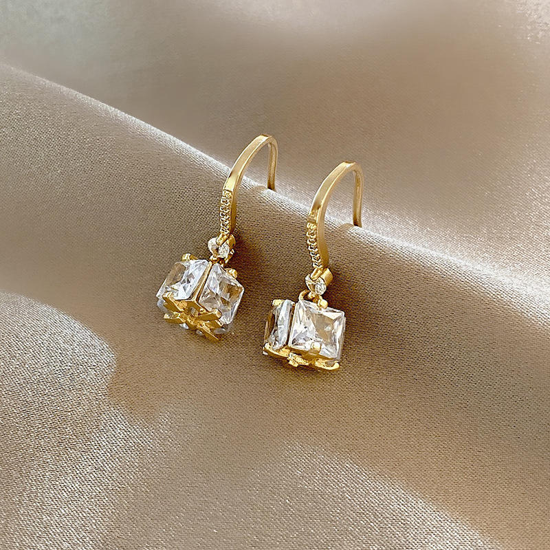 18k Gold Plated Cubic Zirconia Square Drop Dangle Earrings