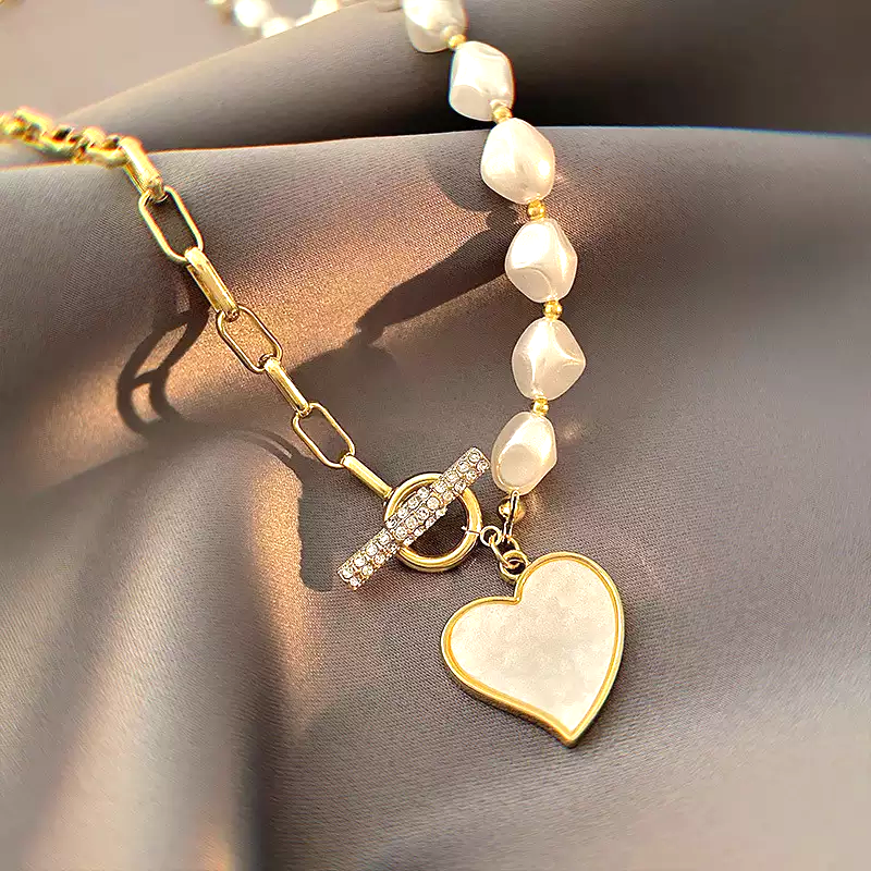 18K Gold Plated Pearl Splicing Chain Marble Heart Pendant Necklace