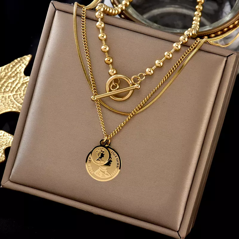 18K Gold Plated Stainless Steel Coin Pendant 2 in 1 Necklace
