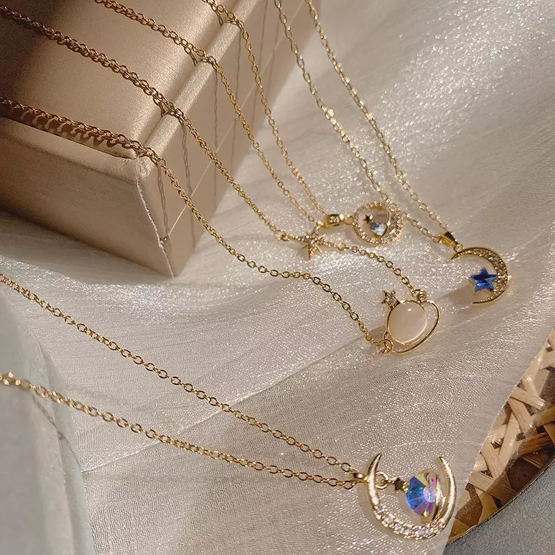 18k Gold Plated Stainless Steel Moon Sun Star Saturn Starburst Planet Pendant Necklace