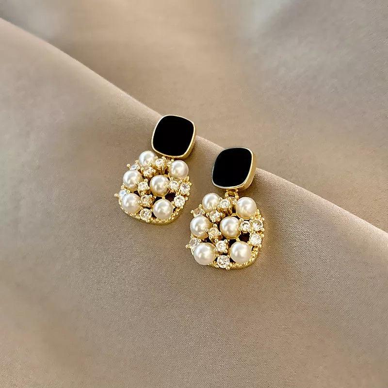 18k Gold Plated Black Square Zircon Pearl Drop Dangle Earring